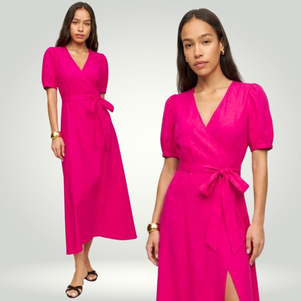 Reformation Kaelie Wrap Midi Dress  Puff Sleeves V-neck Pink Organic Cotton Sz L
